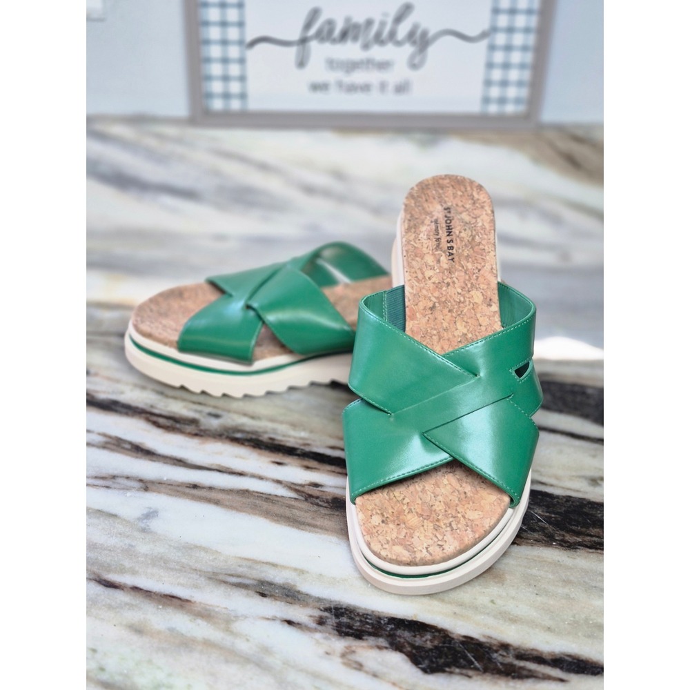 St Johns Bay Moat Green Platform Sandals Cork Memory Foam Slides Womens 9.5W